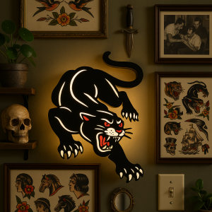 Tattoo Lightbox Old School Panther – LED Wandlamp | Cadeau Tattoo Artiest | 3D Prints | Studio & Interieur Decoratie