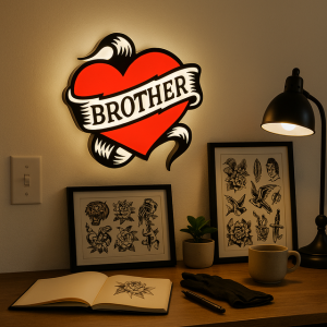 Tattoo Lightbox Heart Brother – LED Wandlamp Cadeau voor Broer, Studio of Slaapkamer