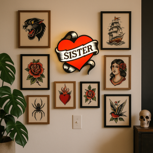 Tattoo Lightbox Hart ‘Sister’ – LED Lamp Wanddecoratie – Uniek Cadeau voor Zusje – Tattoo Stijl 3D Geprint – Sfeervolle Studio Lightbox
