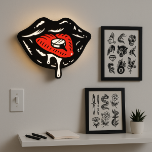 Tattoo Lightbox Lips Drugs – 3D LED Wandlamp | Stoere Tattoo Stijl Decoratie | Cadeau voor Tattoo Artiest & Fan