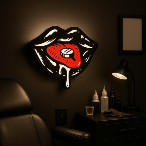 Tattoo Lightbox Lips Drugs – 3D LED Wandlamp | Stoere Tattoo Stijl Decoratie | Cadeau voor Tattoo Artiest & Fan