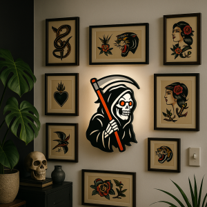 Lightbox Reaper – Tattoo Stijl LED Wandlamp • Studio Decoratie • Origineel Cadeau voor Tattoo Artiest of Fan