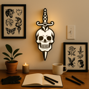 Tattoo Skull Dagger Lightbox – LED Wandlamp met Tattoo Design – Stoere Eyecatcher & Origineel Cadeau