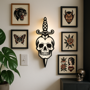Tattoo Skull Dagger Lightbox – LED Wandlamp met Tattoo Design – Stoere Eyecatcher & Origineel Cadeau