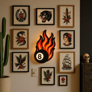 Tattoo Lightbox 8 Ball On Fire – LED Wandlamp, 3D-geprint Decor – Origineel Cadeau voor Tattoo Artiest of Studio