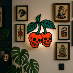 Tattoo Lightbox Cherry Skulls – LED Wandlamp Tattoo Studio – Origineel Cadeau voor Tattoo Artiest of Fan