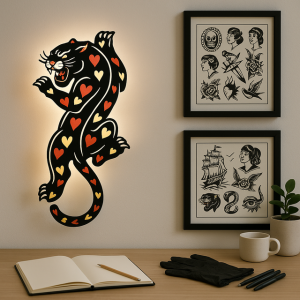 Tattoo Lightbox – Kruipende Panter met Harten – LED Wandlamp Tattoo Studio Decor Cadeau