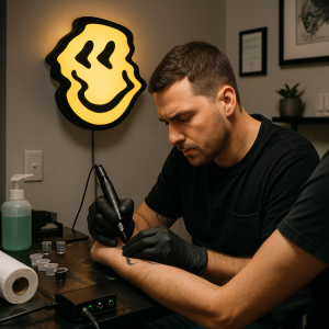 Distorted Smiley Tattoo Lightbox LED – Unieke Wall Art Lamp voor Studio & Cadeau
