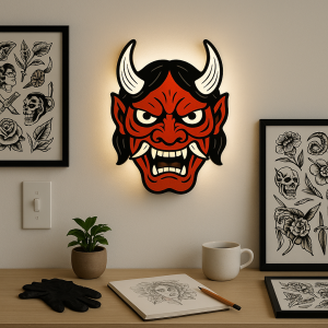 Tattoo Lightbox Hannya Masker LED – Stoere Wanddecoratie & Cadeau voor Tattoo Lover